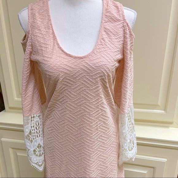 Vava x Joy Han Crochet Lace Sleeve Midi Sheath Dress Apricot Sexy Cutouts - Picture 14 of 14